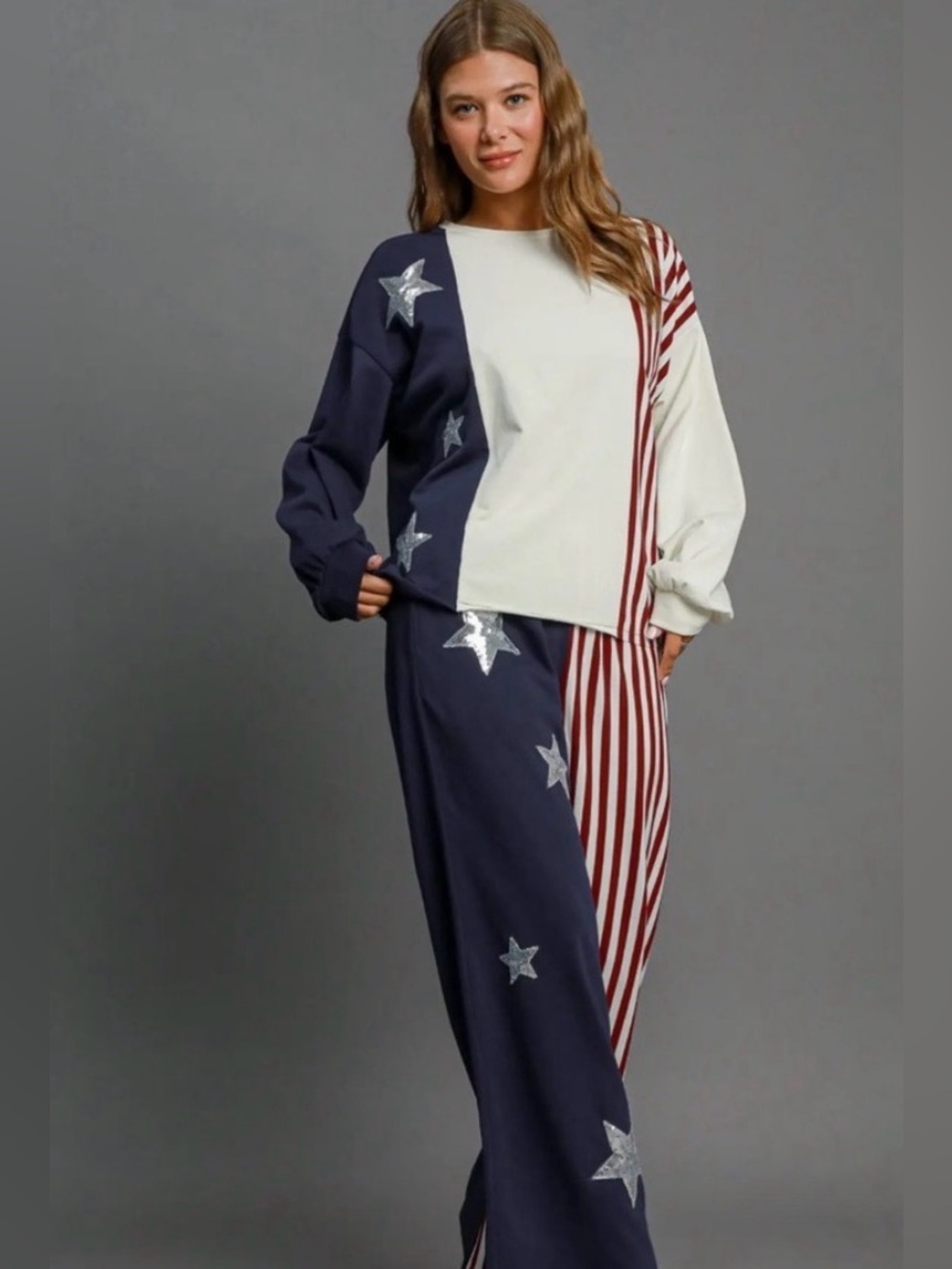 #1323 Umgee Stars & Stripe Two-Piece Lounge Set in Navy, Cream & Burgundy